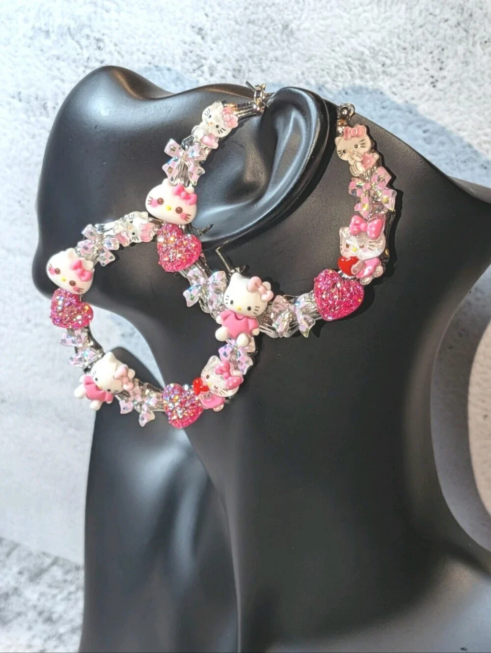 Hand Crafted Pink Hello Kitty Crystal Heart Hoop Earrings